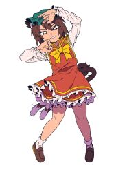  1girl animal_ears animal_hat bow bowtie brown_eyes brown_hair cat_ears cat_tail chen dress frilled_dress frilled_hat frills full_body green_hat hair_between_eyes hat highres long_sleeves mob_cap multiple_tails nekomata orange555_555 short_hair simple_background solo standing tail touhou two_tails white_background yellow_bow yellow_bowtie 