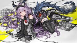  1girl arknights arknights:_endfield arm_support bare_shoulders black_gloves black_horns black_overskirt black_shorts black_thighhighs boots bow breasts cable demon_girl demon_horns detached_sleeves framed_breasts from_above full_body game_asset gloves grey_boots hair_bow headgear high-waist_shorts highres horns large_breasts lipgloss lm7_(op-center) long_hair long_sidelocks looking_at_viewer low_twintails official_art on_floor purple_hair ringlets shorts sidelocks sitting solo tail thigh-highs third-party_source twintails typhoeus_(arknights) typhon_(arknights) very_long_hair violet_eyes yokozuwari 