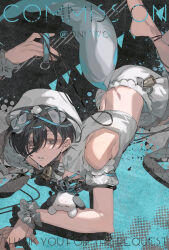 1boy bare_shoulders barefoot bell black_hair blue_background blue_eyes blue_hair cable chinese_commentary clothing_cutout commentary_request english_text frilled_cuffs frilled_shirt frills goggles hair_between_eyes highres holding looking_at_viewer lying male_focus multicolored_eyes multicolored_hair on_stomach onitwo original parted_lips shirt short_hair short_sleeves shorts sleeveless solo stuffed_animal stuffed_toy tail wrist_cuffs 