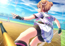  3girls baseball_(sport) baseball_bat baseball_stadium baseball_uniform beads belt bike_shorts bike_shorts_under_skirt black_belt black_gloves brown_eyes brown_hair cinderella_series commentary_request double_bun dutch_angle fanny_pack fingerless_gloves from_behind gloves hachigatsu_no_cinderella_nine hair_beads hair_bun hair_ornament highres kneehighs multiple_girls neckerchief nitta_minako outdoors pink_neckerchief playing_sports profile sailor_collar satogahama_baseball_uniform shirt shirt_under_shirt short_sleeves skirt socks solo_focus sportswear striped_clothes striped_shirt sun vertical-striped_clothes vertical-striped_shirt white_sailor_collar white_skirt yupill 