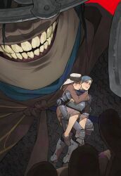  1girl 2boys absurdres armet armor atoroux brown_hair carrying coiled_sword cuisses elden_ring full_armor grey_hair highres in_palm multiple_boys piggyback plate_armor red_background rerebrace roningasa roundtable_knight_vyke shabriri_(elden_ring) tassets vyke's_finger_maiden withered 
