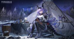  1girl absurdres arknights arknights:_endfield bare_shoulders black_gloves black_horns breasts character_doll closed_mouth commentary detached_sleeves doll endministrator_(arknights) fake_horns female_endministrator_(arknights) gloves hairband highres horn_hairband horns jeze knitting knitting_needle large_breasts long_hair looking_at_viewer needle night outdoors purple_hair sitting sky snow solo tent tree typhoeus_(arknights) typhon_(arknights) untranslatable_commentary violet_eyes 