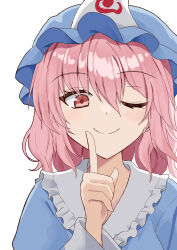  1girl blue_hat blue_kimono blush closed_mouth commentary_request finger_to_mouth frilled_kimono frills hair_between_eyes hat highres japanese_clothes kimono long_sleeves looking_at_viewer medium_hair mob_cap one_eye_closed pink_eyes pink_hair saigyouji_yuyuko shushing simple_background smile solo sugiyama_ichirou touhou triangular_headpiece upper_body white_background wide_sleeves 