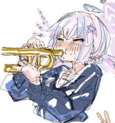  1girl :t blue_archive blue_cardigan blue_hair blush cardigan commentary cropped_torso flying_sweatdrops furrowed_brow hair_ornament halo holding holding_instrument holding_trumpet instrument medium_hair multicolored_hair pink_hair pink_halo playing_instrument playing_trumpet reisa_(blue_archive) s5avyklo8r45045 simple_background sketch solo star_(symbol) star_hair_ornament star_halo trumpet twintails two-tone_hair white_background 