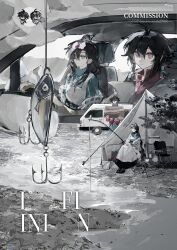  2girls absurdres ahoge apron bird black_hair blue_eyes boat closed_mouth clouds copyright_name english_text eyewear_on_head fish fishing fishing_rod goggles goggles_on_head hair_between_eyes highres holding holding_fishing_rod jacket long_hair monota02 multiple_girls original outdoors red_eyes shirt short_hair sitting watercraft white_apron 