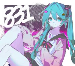  1girl aqua_eyes aqua_hair black_bow black_sailor_collar black_skirt bow bowtie cardigan closed_mouth commentary dated feet_out_of_frame hair_between_eyes hair_bow hair_ornament hair_ribbon hand_on_own_knee hatsune_miku heart heart_hair_ornament ichi_l0 knees_up long_hair long_sleeves looking_at_viewer multicolored_bow pink_cardigan pixelated pleated_skirt ribbon sailor_collar school_uniform serafuku shirt sign sitting skirt sleeves_past_wrists smile solo twintails vocaloid warning_sign white_shirt 