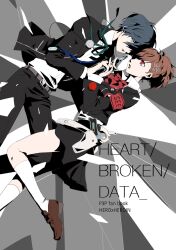  1boy 1girl armband black_jacket black_pants black_skirt blue_hair bow bowtie brown_hair brown_shoes closed_mouth collared_shirt commentary_request cover cover_page doujin_cover english_text evoker floating_clothes gekkoukan_high_school_uniform grey_eyes hair_ornament hair_over_one_eye hairclip headphones headphones_around_neck hetero highres holding_hands jacket kneehighs long_sleeves looking_at_another netetaixmirage open_clothes open_jacket pants parted_lips persona persona_3 persona_3_portable red_armband red_bow red_bowtie red_eyes s.e.e.s school_uniform shiomi_kotone shirt shoes short_hair skirt socks white_shirt white_socks x_hair_ornament yuuki_makoto_(persona_3) 