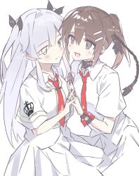  2girls :d black_bow black_collar blush bow brown_hair capelet collar commentary_request cross cross_print crown_print earrings english_text frown green_eyes hair_bow hair_ornament hairclip highres holding_hands jewelry kita_high_school_uniform_(subarashiki_hibi) long_hair looking_at_another minakami_yuki multiple_girls necktie oc_x_canon original otatomm parallel_hairclips pleated_skirt print_necktie red_necktie shirt skirt smile subarashiki_hibi twintails white_capelet white_hair white_shirt white_skirt wrist_cuffs yuri 