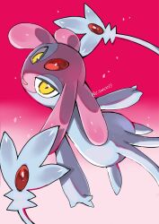  blue_skin colored_skin forehead_jewel gem gradient_background highres looking_at_viewer mesprit multiple_tails no_humans o_san0033 open_mouth pink_background pink_skin pokemon pokemon_(creature) pokemon_focus red_gem solo tail two_tails yellow_eyes 