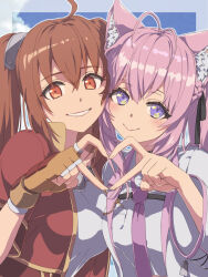  2girls ahoge animal_ear_fluff animal_ears antenna_hair border braid breast_pocket breasts brown_gloves brown_hair chiharu_(9654784) closed_mouth commentary_request cropped cropped_jacket crossover crown_braid double-parted_bangs eiyuu_densetsu estelle_bright fingerless_gloves gloves grin hair_between_eyes hair_intakes hakui_koyori heart heart_hands heart_hands_duo high_collar highres hololive holox jacket light_blush long_hair long_sleeves looking_at_viewer medium_breasts multiple_girls necktie open_clothes open_jacket outside_border pink_hair pink_necktie pocket pocket_watch red_eyes red_jacket shirt short_sleeves side-by-side sidelocks simple_background smile solo sora_no_kiseki transparent_border twintails upper_body violet_eyes virtual_youtuber watch white_jacket white_shirt wide_sleeves wolf_ears wolf_girl 