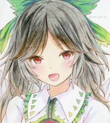  1girl black_hair bow colored_pencil_(medium) commentary_request green_bow hair_bow light_blush open_mouth portrait red_eyes reiuji_utsuho smile solo sweet_miuk_tea touhou traditional_media 