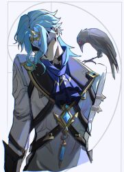  1boy animal_on_shoulder ascot bird bird_on_shoulder blue_ascot blue_hair closed_mouth coat cropped_torso crow dottore_(genshin_impact) earrings eye_mask genshin_impact golden_spiral head_tilt highres jewelry male_focus mask single_earring solo suffiest syringe_earrings white_coat 