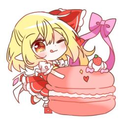  1girl :q ;q ascot back_bow blonde_hair bow brown_eyes chibi chibi_only collared_shirt commentary_request crystal crystal_wings flandre_scarlet food frilled_shirt_collar frills full_body hair_bow looking_at_viewer macaron mini_person minigirl missing_headwear multicolored_wings one_eye_closed one_side_up pointy_ears puffy_short_sleeves puffy_sleeves red_bow red_shoes red_skirt red_vest shirt shoes short_sleeves simple_background skirt skirt_set solo tongue tongue_out touhou vest wakana1327 white_background white_bow white_shirt wings yellow_ascot 