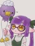  1girl :o balloon colored_skin commentary_request frilled_sleeves frills highres inkling inkling_girl long_hair mina_p pointy_ears pokemon pokemon_(creature) purple_hair purple_skin shirt side_slit simple_background solid_oval_eyes splatoon_(series) white_background white_shirt white_sleeves yellow_eyes 