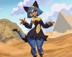  1girl alan_campos animal_ears black_fur blue_fur blue_hair blue_sky cat_ears cat_girl cat_tail claws clouds day desert egypt furry furry_female highres looking_at_viewer multicolored_fur navel open_mouth outdoors pal_(creature) palworld pyramid_(structure) red_eyes sekhmet_(palworld) sky slit_pupils solo tail tail_ornament tail_ring yellow_fur 