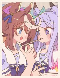  2girls animal_ears aqua_bow blue_eyes blush bow bowtie brown_hair closed_mouth commentary_request ear_bow ear_ribbon feeding food hair_between_eyes honkawa_works horse_ears horse_girl long_hair mejiro_mcqueen_(umamusume) multicolored_hair multiple_girls one_eye_closed open_mouth ponytail puffy_short_sleeves puffy_sleeves purple_bow purple_bowtie purple_hair purple_shirt sailor_collar sailor_shirt school_uniform shirt short_sleeves smile streaked_hair tokai_teio_(umamusume) tracen_school_uniform two-tone_hair umamusume utensil_in_mouth violet_eyes white_hair white_sailor_collar 