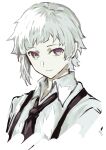  1boy absurdres black_necktie bungou_stray_dogs closed_mouth collared_shirt highres jellyfish_sz looking_at_viewer male_focus nakajima_atsushi_(bungou_stray_dogs) necktie shirt short_hair simple_background smile solo suspenders upper_body white_background white_hair white_shirt yellow_eyes 