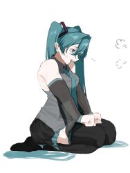  1girl a2cj9 bare_shoulders black_skirt black_thighhighs blue_eyes blue_hair blue_necktie blue_skirt collared_shirt commentary_request crossed_bangs detached_sleeves full_body grey_shirt grey_sleeves hair_between_eyes hair_intakes hair_ornament hands_on_own_knees hatsune_miku highres kneeling long_hair looking_to_the_side multicolored_thighhighs necktie open_mouth see-through_clothes see-through_sleeves shirt skirt sleeveless sleeveless_shirt solo teeth thigh-highs twintails two-tone_skirt two-tone_thighhighs vocaloid 