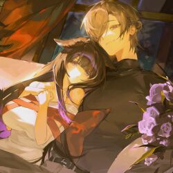  1boy 1girl animal_ears bare_shoulders belt belt_buckle black_belt black_hair black_shirt blue_eyes breasts brown_hair brown_pants buckle closed_mouth commentary_request couch cropped curtains degrees_of_lewdity dress flower hands_up head_tilt highres indoors korean_commentary large_breasts light_smile long_hair looking_at_viewer on_couch original pants parted_lips player_character_(degrees_of_lewdity) player_character_(female)_(degrees_of_lewdity) prestudy_020 purple_flower red_ribbon ribbon shirt short_hair sitting strap very_long_hair violet_eyes white_dress whitney_(degrees_of_lewdity) whitney_(male)_(degrees_of_lewdity) window 
