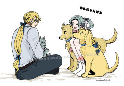  1boy 1girl ahtaso animal animalization artist_name black_pants black_socks blonde_hair blue_ribbon cat closed_eyes closed_mouth commentary_request dog dress_shirt edgar_roni_figaro final_fantasy final_fantasy_vi full_body green_hair hair_ribbon holding holding_animal holding_cat indian_style light_smile low_ponytail multi-tied_hair open_mouth pants ponytail ribbon sabin_rene_figaro shirt sitting smile socks terra_branford white_background white_ribbon white_shirt white_socks 