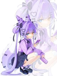  1girl absurdres ahoge animal_ears arm_on_knee bandaid bandaid_on_hand black_bow black_ribbon black_shoes black_skirt blue_eyes bow can closed_mouth commentary cone_hair_bun double_bun elbow_on_thigh fox_ears fox_girl fox_tail frilled_shirt frilled_shirt_collar frilled_skirt frills full_body gauze_on_knee hair_bow hair_bun hair_ears hair_intakes hair_ornament hair_rings hairclip heart heart_hair_ornament heterochromia highres holding holding_can holding_phone jirai_kei kkochmanyeo long_hair long_sleeves looking_at_viewer mary_janes multicolored_hair multicolored_pupils multiple_hair_bows multiple_hairclips neck_ribbon parallel_hairclips phone pink_pupils purple_hair purple_ribbon purple_shirt purple_socks purple_tail ribbon shirt shoes skirt sleeve_ribbon socks solo squatting stellive streaked_hair tail tail_bow tail_ornament tenko_shibuki thigh_strap twintails two-tone_tail very_long_hair white_background white_streaks white_tail yellow_eyes yellow_pupils zoom_layer 