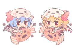  2girls :3 alternate_costume bat_wings blonde_hair blue_hair blush bow candy_hair_ornament chibi chibi_only closed_mouth commentary_request crystal crystal_wings dress fang flandre_scarlet food-themed_hair_ornament full_body hair_ornament halloween_costume hat hat_bow looking_at_viewer mob_cap multicolored_wings multiple_girls one_side_up open_mouth pink_dress pink_hat pink_skirt pointy_ears polka_dot polka_dot_dress red_bow red_dress red_eyes remilia_scarlet silverrain simple_background skirt skirt_set smile touhou white_background white_hat wings 