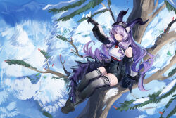  1girl absurdres animal arknights arknights:_endfield arm_up bare_shoulders bird black_boots black_gloves black_hairband black_horns black_shorts black_sleeves black_tail black_thighhighs boots commentary day detached_sleeves english_commentary full_body gloves hairband high-waist_shorts highres horns in_tree knee_boots long_hair long_sleeves looking_at_viewer minnowber on_tree outdoors outstretched_arm parted_lips plant purple_hair purple_horns purple_tail shorts sitting sitting_in_tree snow solo tail thigh-highs tree typhoeus_(arknights) typhon_(arknights) violet_eyes white_bird 