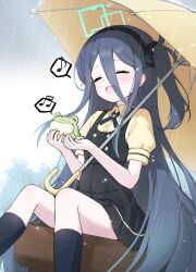  1girl absurdres alternate_costume animal aris_(blue_archive) black_dress black_hairband black_socks blue_archive blue_halo blush closed_eyes collared_shirt commentary dress frog hair_between_eyes hairband halo highres holding holding_animal holding_umbrella kneehighs kurana_(atlas) long_hair musical_note one_side_up open_mouth pleated_dress rain shirt socks solo spoken_musical_note umbrella very_long_hair yellow_shirt yellow_umbrella 