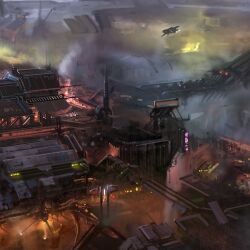  aircraft building clouds commentary english_commentary eve_online fictional_aircraft flying georg_hilmarsson glowing industrial no_humans outdoors scenery science_fiction smog smoke thrusters 