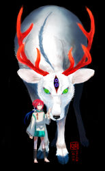  1girl amate_yuzuriha aqua_eyes aqua_skirt goat gquuuuuux green_eyes gundam gundam_gquuuuuux hakama hakama_skirt japanese_clothes kihara_utsuru long_sleeves looking_at_viewer miko miniskirt red_hair short_hair simple_background skirt third_eye v-fin wide_sleeves 