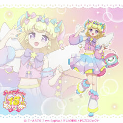  1girl :d arm_warmers blonde_hair blue_bow blue_nails blue_shoes blue_skirt blue_streaks bow bowtie cloud_print commentary_request copyright_logo copyright_notice crop_top flat_chest frilled_leg_warmers full_body gradient_clothes gradient_skirt hair_bow idol_time_pripara leg_warmers logo long_hair looking_at_viewer midriff multicolored_hair nail_polish navel official_art open_mouth pink_bow pink_shirt pink_streaks pretty_series print_skirt pripara purple_arm_warmers purple_bow purple_bowtie purple_skirt shirt shoes sidelocks skirt smile solo standing standing_on_one_leg streaked_hair takki_(pripara) violet_eyes white_leg_warmers yumekawa_yui zoom_layer 