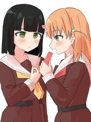  2girls :d aqua_eyes black_hair blunt_bangs blunt_ends blush bob_cut brown_dress cerise_bouquet commentary dated_commentary dress eye_contact green_eyes hasu_no_sora_school_uniform heart highres hinoshita_kaho hisho_(rythm_hisho) holding long_hair long_sleeves looking_at_another love_live! love_live!_hasu_no_sora_jogakuin_school_idol_club momose_ginko multiple_girls neckerchief open_mouth orange_hair pocky_day profile red_neckerchief sailor_collar sailor_dress school_uniform short_hair simple_background smile two-handed virtual_youtuber white_background white_sailor_collar winter_uniform yellow_neckerchief 