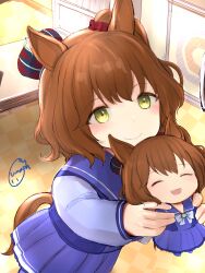  1girl animal_ears aston_machan_(umamusume) blush bow bowtie breasts brown_hair character_doll closed_mouth crown cutie_(umamusume) doll ear_ornament green_eyes hair_between_eyes hair_ornament hair_scrunchie highres holding holding_doll horse_ears horse_girl horse_tail long_sleeves mini_crown pleated_skirt purple_sailor_collar purple_serafuku purple_shirt purple_skirt purple_thighhighs red_scrunchie sailor_collar sailor_shirt school_uniform scrunchie serafuku shirt skirt smile solo tail thigh-highs tilted_headwear tracen_school_uniform umamusume white_bow white_bowtie wnaph 