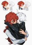  2girls ahoge arms_around_neck black_jacket collared_shirt commentary_request dark-skinned_female dark_skin flying_sweatdrops green_eyes gundam gundam_suisei_no_majo hand_on_another&#039;s_back highres hug jacket jewelry jia_ma long_hair long_sleeves miorine_rembran multiple_girls official_alternate_hairstyle redhead ring shirt short_hair simple_background suletta_mercury tearing_up tears thick_eyebrows wedding_ring white_background white_shirt wife_and_wife yuri 