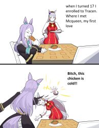  2girls absurdres animal_ears aqua_bow aqua_bowtie black_jacket blunt_bangs bow bowtie chicken_(food) coat commentary dress ear_bow ear_ribbon english_commentary english_text food frilled_coat frilled_jacket frills gloves gold_ship_(red_strife)_(umamusume) gold_ship_(umamusume) grey_hair hat heladomagnum highres horse_ears horse_girl horse_tail jacket long_hair long_sleeves mejiro_mcqueen_(frontline_elegance)_(umamusume) mejiro_mcqueen_(umamusume) multiple_girls pillbox_hat purple_hair red_dress scene_reference simple_background sleeveless sleeveless_dress smile tail the_boondocks umamusume violet_eyes white_background white_gloves 