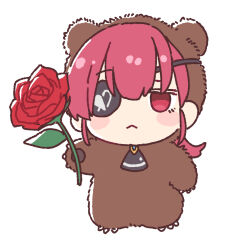  1boy :< a-ka animal_costume arrow_through_heart ascot bear_costume black_ascot blue_gem blush_stickers chibi chibi_only claws closed_mouth commentary_request double-parted_bangs eyepatch flat_color flower full_body gem genderswap genderswap_(ftm) holding holding_flower hololive houshou_kumarine houshou_marine jack_(houshou_marine) jitome looking_at_viewer male_focus medium_hair red_eyes red_flower red_hair red_rose rose simple_background solo white_background 