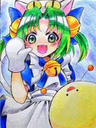  1girl animal_hat apron bell cat_hat colored_pencil_(medium) creature dejiko di_gi_charat di_gi_charat_(1999) fang gema gloves green_eyes green_hair hair_bell hair_ornament hat looking_at_viewer neck_bell open_mouth photo_(medium) protected_link traditional_media tukiusagi3383 
