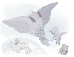  avocado_539 broken_egg closed_eyes clouds cloudy_sky egg evolutionary_line feather_tail feathered_wings feathers flying multiple_views no_humans one_eye_closed open_mouth pokemon pokemon_(creature) pokemon_egg pokemon_focus riding riding_pokemon sky spikes togekiss togepi togetic wings 