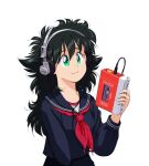  1990s_(style) 1girl black_hair black_shirt black_skirt commentary green_eyes headphones holding looking_to_the_side medium_hair messy_hair original protonozawa retro_artstyle school_uniform shirt simple_background skirt solo upper_body walkman white_background 