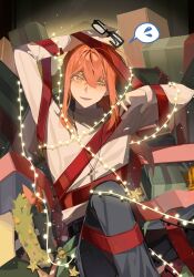 1boy androgynous arm_up blue_pants box christmas_lights christmas_wreath cross cross_necklace crossed_bangs degrees_of_lewdity entangled feet_out_of_frame gift gift_box hair_between_eyes highres holding_opera_glasses indoors jewelry knees_up long_hair long_sidelocks long_sleeves looking_at_viewer lower_teeth_only male_focus necklace one_eye_closed pants pink_hair shirt sidelocks sitting smile solo sweatdrop sydney_(degrees_of_lewdity) sydney_(male)_(degrees_of_lewdity) teeth white_shirt wreath xiaonanhaizhenshitaikeaile yellow_eyes 