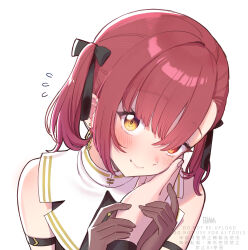  1girl 1other a-ka black_ribbon blush brown_gloves closed_mouth commentary_request earrings flying_sweatdrops gloves hair_over_one_eye hair_ribbon hand_on_another's_face head_tilt heterochromia highres hololive houshou_marine houshou_marine_(ahoy!!_you're_all_pirates) jewelry looking_at_viewer looking_up official_alternate_costume official_alternate_hairstyle pov pov_hands raised_eyebrows red_eyes red_hair ribbon sidelocks simple_background sleeveless smile solo_focus twintails upper_body variant_set water white_background yellow_eyes 