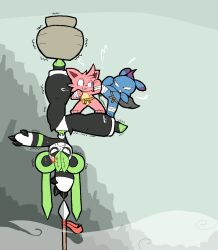  3others absurdres anger_vein angry balancing_on_finger bandages black_fur blue_fur cat cattiva depresso fighting highres leafan_(palworld) leg_up looking_at_another mountain multiple_others outdoors outstretched_leg pal_(creature) palworld panda pink_fur planted planted_polearm polearm shaking spear sweatdrop upside-down usagibun1 weapon white_fur 