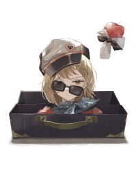  1girl :/ absurdres apple apple_(reverse:1999) black_bow black_bowtie blue_neckerchief bow bowtie box brown_hair crooked_eyewear food frown fruit hat highres in_box in_container looking_at_viewer momako_(mako_momomomomo) neckerchief newsboy_cap open_suitcase orange_eyes polka_dot_neckerchief portrait regulus_(reverse:1999) reverse:1999 short_hair solo sunglasses traditional_bowtie 