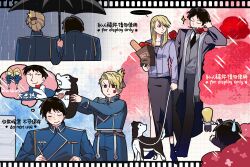  1boy 1girl amestris_military_uniform animal bag black_hair black_hayate black_necktie black_pants black_skirt blonde_hair blue_jacket bread cancan_dance closed_eyes commentary_request couple dog flower flower_in_mouth food fullmetal_alchemist furrowed_brow grey_jacket grey_vest grocery_bag hair_ornament hairclip hetero highres holding holding_animal holding_bag holding_dog holding_leash jacket leash loaf_of_bread long_skirt medium_hair multiple_views necktie pants purple_jacket rain red_flower red_rose riza_hawkeye rose roy_mustang shared_umbrella shopping_bag short_hair side_slit sitting skirt smile sweatdrop swept_bangs tazneru umbrella updo vest waistcoat walking writing 