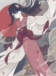  1girl bell black_hair blood blood_on_clothes blue_eyes bungou_stray_dogs closed_mouth clouds feet_out_of_frame flower grey_background hair_flower hair_ornament hand_up highres izumi_kyouka_(bungou_stray_dogs) japanese_clothes jellyfish_sz kimono long_hair red_kimono red_sash robe sash solo standing white_robe wide_sleeves 