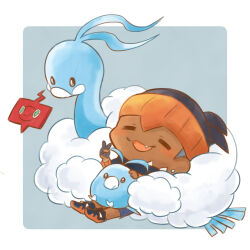  1boy =_= altaria aqua_eyes blue_background blue_gloves blue_shoes blush border chibi closed_eyes closed_mouth commentary_request dark-skinned_male dark_skin earrings english_commentary fang gloves hat jewelry lying male_focus on_lap open_mouth pokemon pokemon_(creature) pokemon_on_lap pokemon_sword_and_shield raihan_(pokemon) rotom rotom_phone ru_ichi15 shoes simple_background smile swablu v white_border 