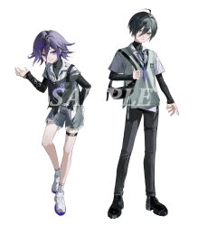  2boys absurdres ahoge alternate_costume arm_up bag black_pants black_shoes commentary_request danganronpa_(series) danganronpa_v3:_killing_harmony green_eyes green_hair grin highres korean_commentary long_sleeves medium_hair multiple_boys oma_kokichi pants purple_hair r_aeel saihara_shuichi sample_watermark shirt shoes short_hair shoulder_bag simple_background smile sweater_vest violet_eyes watermark white_background white_shirt 