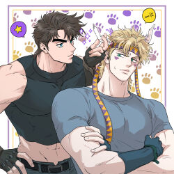  2boys absurdres acea_n battle_tendency belt blonde_hair blue_shirt brown_hair caesar_anthonio_zeppeli commentary_request crop_top crossed_arms feather_hair_ornament feathers fingerless_gloves gloves green_eyes hair_ornament hairband headband highres jojo_no_kimyou_na_bouken joseph_joestar joseph_joestar_(young) korean_commentary looking_at_another male_focus multiple_boys pants shirt 