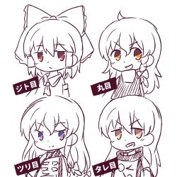  4girls ascot blush bow braid closed_mouth commentary_request constellation_print detached_sleeves dress fang frilled_bow frilled_hair_tubes frills fukodesu greyscale grin hair_bow hair_tubes hakurei_reimu hat highres kirisame_marisa long_hair looking_at_viewer matara_okina missing_headwear monochrome multiple_girls open_mouth orange_eyes red_eyes side_braid single_braid smile spot_color sun_print tabard touhou translation_request very_long_hair vest violet_eyes yakumo_yukari 