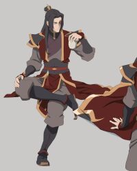  1boy avatar_aang:_the_last_airbender avatar_legends black_gauntlets black_hair boots brown_pants burn_scar closed_mouth concept_art cup fire_nation_outfit full_body gauntlets grey_background hair_bun hair_ornament hairclip highres holding holding_cup ki_hyun_ryu leg_up long_hair long_sleeves looking_to_the_side male_focus multiple_views official_art pants red_skirt red_tunic scar simple_background single_hair_bun sitting skirt tunic yellow_gauntlets zuko 
